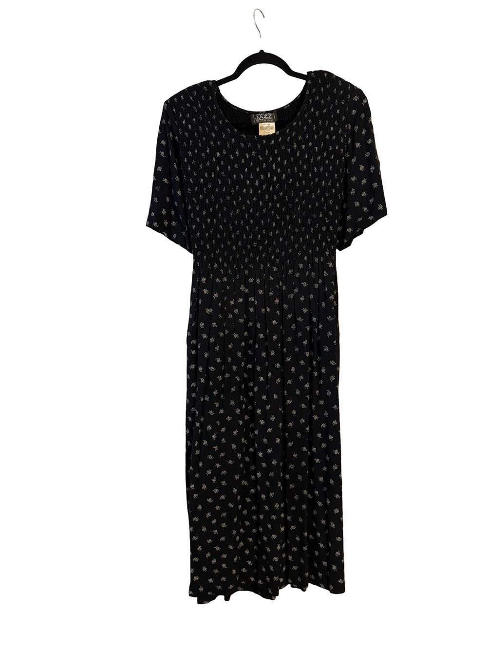 VINTAGE Floral Smocked Waist Black Midi Dress